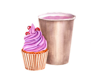 Brown paper cup with pink drink. Biscuit muffin decorated with dark pink cream and red berries. Baked cake, cranberry. Tasty breakfast. Sweet dessert, coffee. Watercolor illustration for advertising