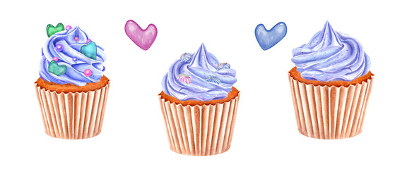 Muffin decorated with blue whipped cream. Cupcake with meringue and sweet sprinkles. Fruit heart shaped caramel. Baked cake in paper wrapper. Watercolor illustration for package, menu