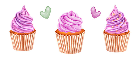 Muffin decorated with pink whipped cream. Cupcake with sweet sprinkles. Dragee, candy, cake. Heart shaped colored caramels. Cupcake in paper wrapper. Watercolor illustration. For package, menu
