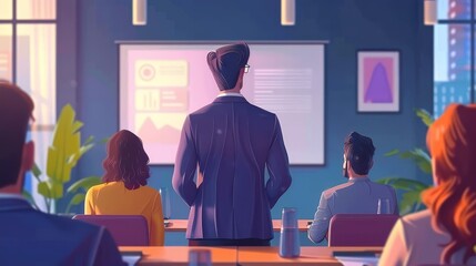 Business Meeting with Executives Discussing Data Insights in a Bright Office Setting