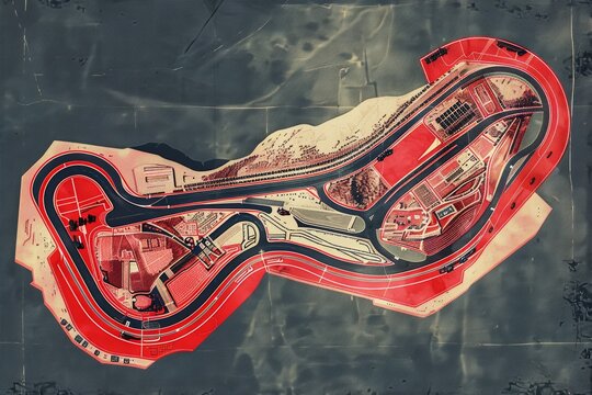 Plano aerial view de un cicuito de carreras, vista a&eacute;rea de un circuito de carreras internacional minimalista