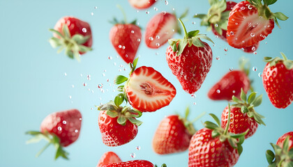 Delicious sweet strawberries falling on light blue background