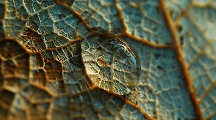 HD capture of raindrop magnified on intricate leaf skeleton, close-up.