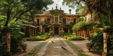 Fototapeta premium Grandeur of the Past: Historic Country Mansion with Peacocks, generative ai