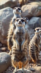 Fototapeta premium A playful group of meerkats standing upright and alert, surrounded by rocks