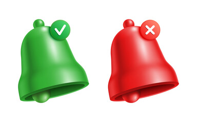 Green bell with a check mark for accept notifications and a red bell with a cross mark for decline notifications, Vector set.