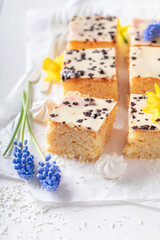 Sweet and tasty coconut cake as perfect summer dessert.