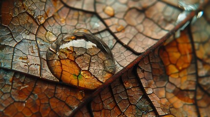 HD capture of raindrop magnified on intricate leaf skeleton, close-up.