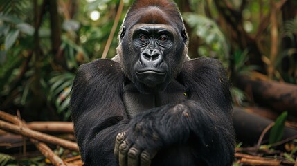 Obraz premium An imposing gorilla sitting pensively, the dense jungle forming a dramatic background