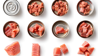 Collage with pieces of canned tuna on white background