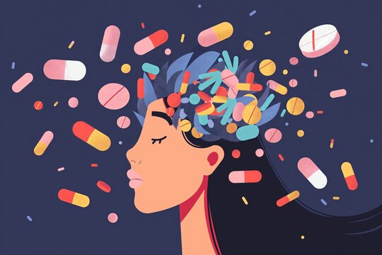 Depression illustration with pills, antidepressant and health life concept
