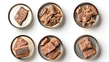 Collage with pieces of canned tuna on white background