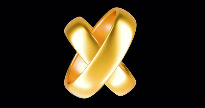 Golden wedding rings his and hers matching set, rotation and motion animation. 3D rendering isolated on transparent background