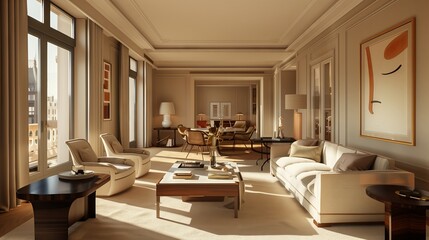 A cozy, sunlit living room with plush furniture. The elegant apartment features refined, welcoming decor.