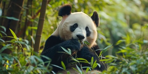 Fototapeta premium A panda bear is eating leaves in a lush green forest. The bear is surrounded by tall green bamboo, which provides a natural habitat for the animal. Concept of tranquility and harmony between the panda