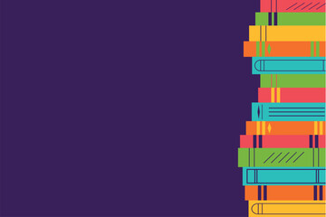 Book illustration on a purple background. Literary education in flat style with copy space. Concepts for web banner, background, wallpaper, advertising. Vector illustration.