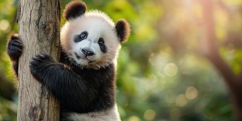 Obraz premium A baby panda is hugging a tree trunk. Concept of warmth and comfort, as the panda appears to be seeking shelter and protection from the outside world. The scene also evokes a feeling of innocence