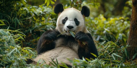 Fototapeta premium A panda bear is eating leaves in a lush green forest. The bear is relaxed and comfortable in its natural habitat