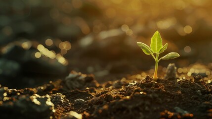 Strong sunlight brightens a new plant sprouting from the earth