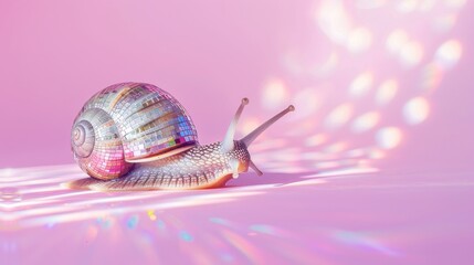Snail with disco ball shell on pink background
