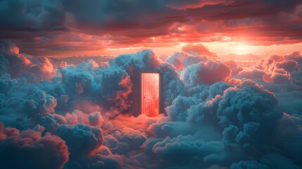 Digital artwork featuring a solitary door standing amidst a dramatic cloudscape bathed in sunset light