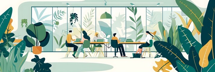 Sustainable workplace concept. Characters working together at environmental friendly office with plants. Vector illustration.