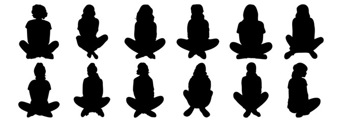 Sitting Woman silhouettes set, pack of vector silhouette design, isolated background