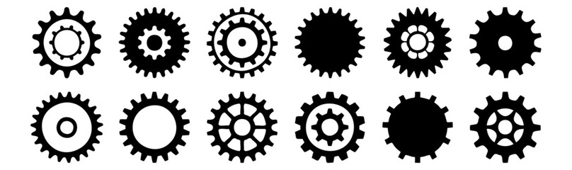 Gear silhouettes set, pack of vector silhouette design, isolated background