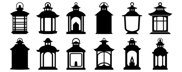 Lantern silhouettes set, pack of vector silhouette design, isolated background
