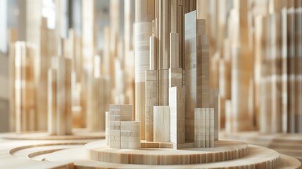 Futuristic skyscraper model in plywood highlights innovative, sustainable urban living design.