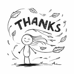 Stick Figure in Gentle Breeze with Swirling Leaves and 'THANKS' in the Wind