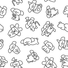 Cute kawaii koala bear. Seamless pattern. Coloring Page. Australian animals cartoon character. Hand drawn style. Vector drawing. Design ornaments.
