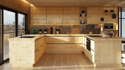 An ultra-modern kitchen with plywood cabinets and countertops blends functionality and aesthetic appeal.