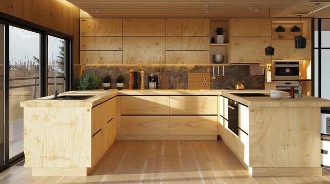 An ultra-modern kitchen with plywood cabinets and countertops blends functionality and aesthetic appeal.