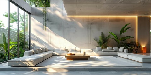 Contemporary White Living Room with Potted Plant, generative ai