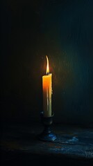 Glowing candle in dark room