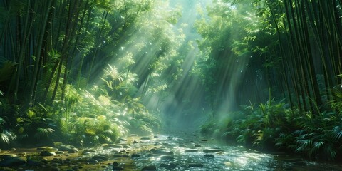 Obraz premium Mystical Light Through the Canopy, generative ai