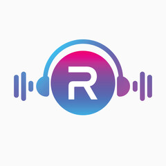 letter R Logo with Pulse music player element. Logo template electronic music, equalizer, dj, nightclub, disco. Audio wave logo concept, Multimedia
