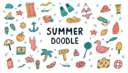Summer hand-drawn drawings, elements for beach parties, recreation and travel. drawing on a white background. the art of doodling. black and white drawing. stickers. stickers. set.