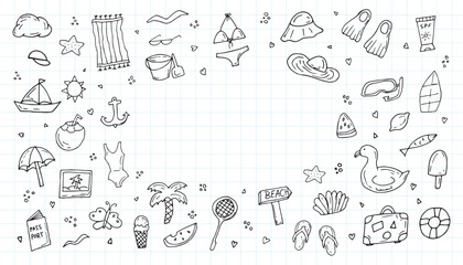 Summer hand-drawn drawings, elements for beach parties, recreation and travel. drawing on a white background. the art of doodling. black and white drawing. stickers. stickers. set.