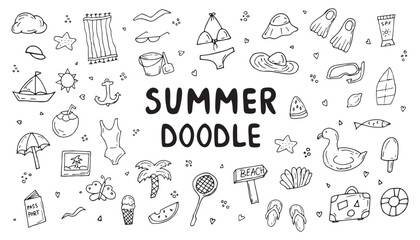 Naklejka premium Summer hand-drawn drawings, elements for beach parties, recreation and travel. drawing on a white background. the art of doodling. black and white drawing. stickers. stickers. set.