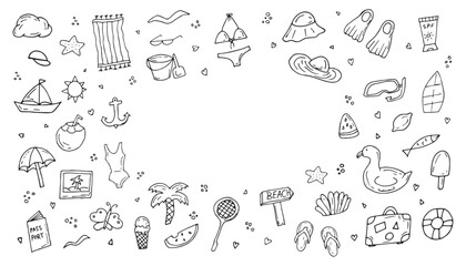 Summer hand-drawn drawings, elements for beach parties, recreation and travel. drawing on a white background. the art of doodling. black and white drawing. stickers. stickers. set.