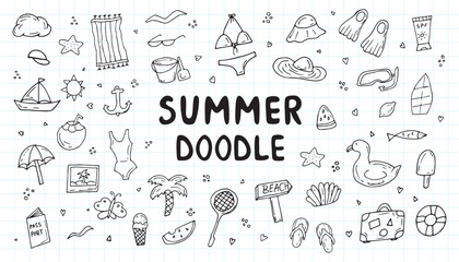 Obraz premium Summer hand-drawn drawings, elements for beach parties, recreation and travel. drawing on a white background. the art of doodling. black and white drawing. stickers. stickers. set.