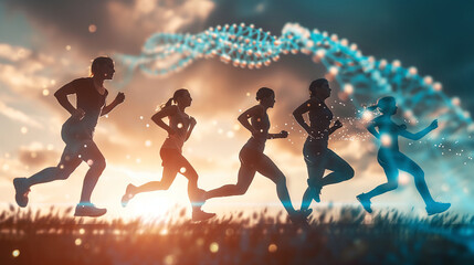 Family members participating in a charity run to support genetic research a dynamic and dramatic composition, with cope space