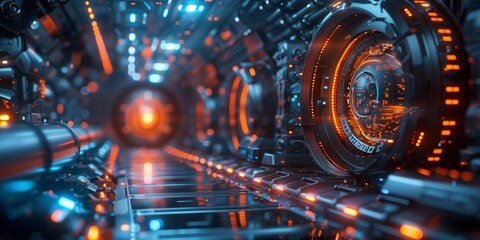 Fototapeta premium Cyberpunk Vault with Glowing Tokens and Holographic Displays, generative ai