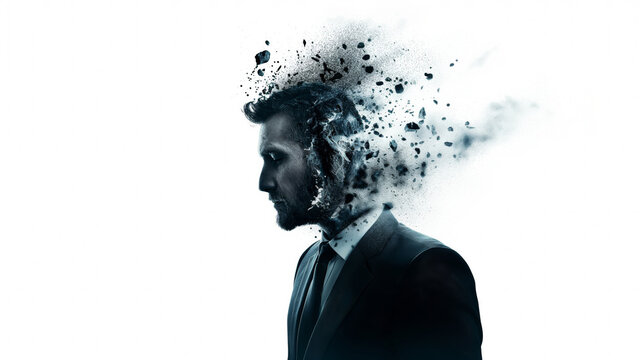 Artistic portrait of a man in a formal suit with fragmenting head, modern and creative expression