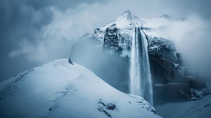 Fototapeta premium A snowy mountain peak and a frozen waterfall create a breathtaking, chilly winter scene.