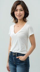 白いTシャツを着ているミドル層の女性