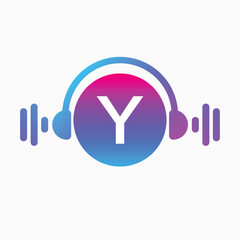 letter Y Logo with Pulse music player element. Logo template electronic music, equalizer, dj, nightclub, disco. Audio wave logo concept, Multimedia