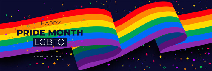 Happy pride month 2024 banner with pride color striped ribbon flag. LGBT Pride month or pride day invitation party card, poster, flyer, modern style design template. Blue vector background.